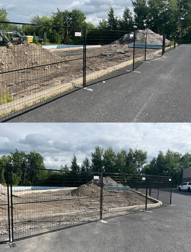 Chantier de construction entièrement clôturé avec des panneaux de clôture temporaire